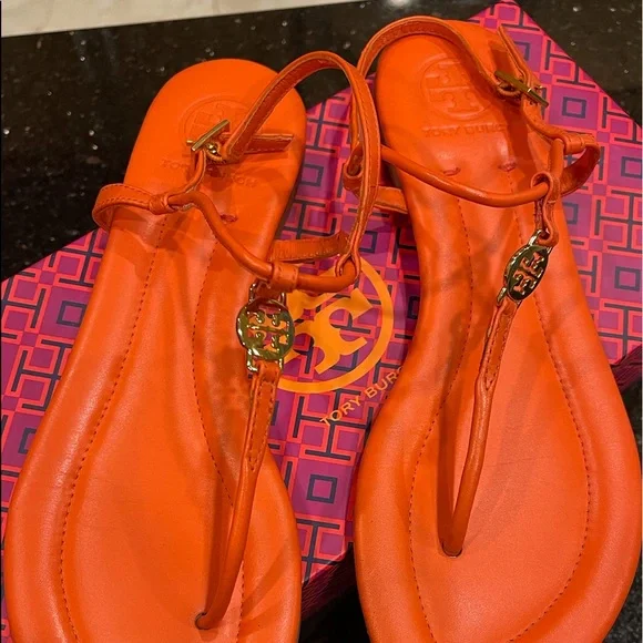 TORY BURCH 8.5M BRIGHT POPPY ORANGE MINI MILLER TYPE ALL LEATHER STRAP SANDALS - Picture 4 of 15